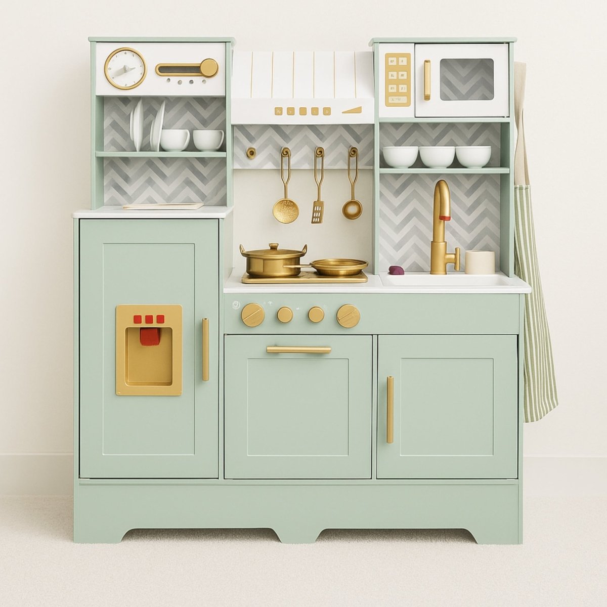 Houten Speelgoedkeuken met Licht, Geluid & Stoom | Kinderkeuken met Echte Effecten & Accessoires | Groen Goud | Vanaf 3 Jaar - Baby Doo