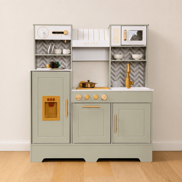Houten Speelgoedkeuken met Licht, Geluid & Stoom | Kinderkeuken met Echte Effecten & Accessoires | Groen Goud | Vanaf 3 Jaar - Baby Doo