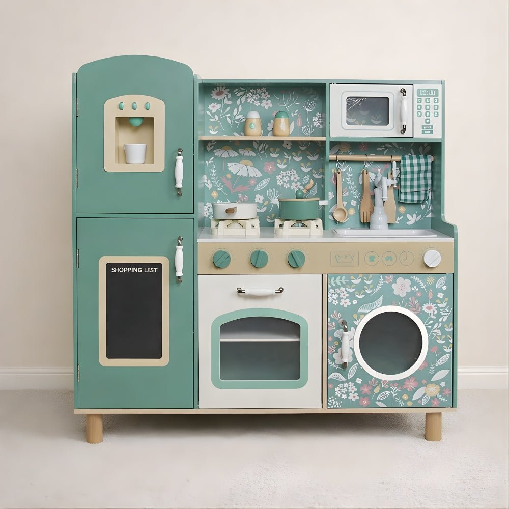 Houten Speelgoedkeuken Vintage Groen | Montessori Kinderkeuken vanaf 3 Jaar met Realistische Effecten - Baby Doo