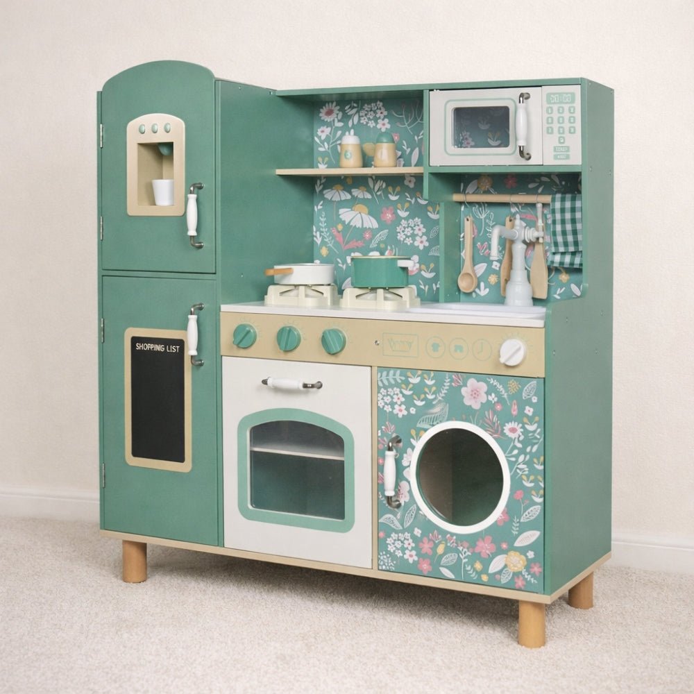 Houten Speelgoedkeuken Vintage Groen | Montessori Kinderkeuken vanaf 3 Jaar met Realistische Effecten - Baby Doo