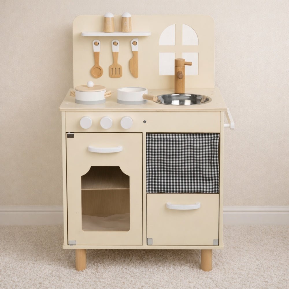 Houten Speelkeuken | Compacte Kinderkeuken | Met 7 Accessoires - Baby Doo
