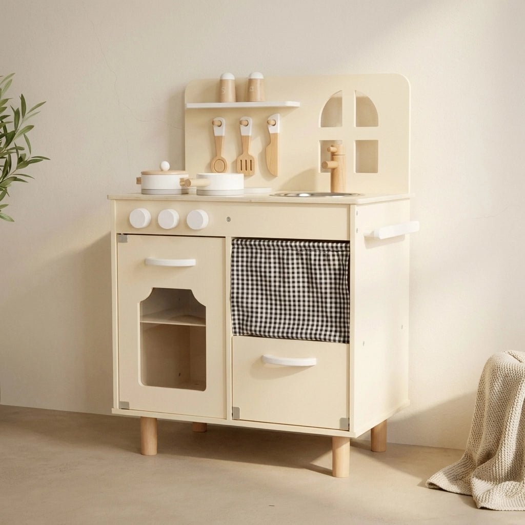 Houten Speelkeuken | Compacte Kinderkeuken | Met 7 Accessoires - Baby Doo
