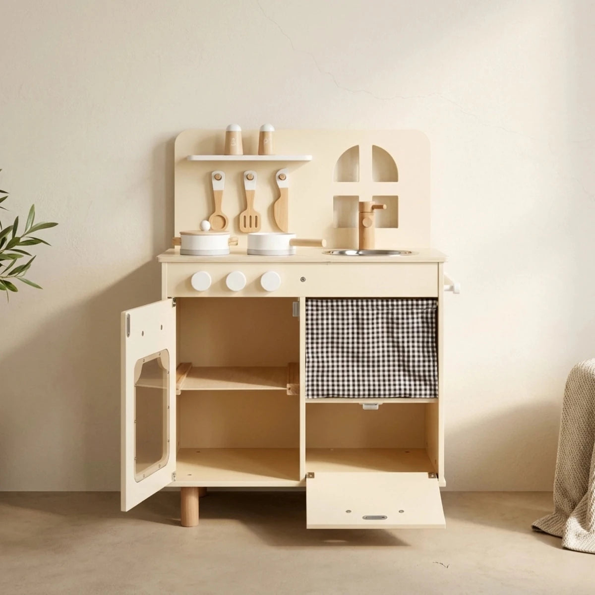 Houten Speelkeuken | Compacte Kinderkeuken | Met 7 Accessoires - Baby Doo