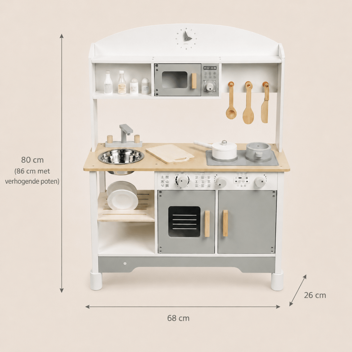 Houten Speelkeuken | Essentials | Speelkeukentje met 8 Accessoires & Verstelbare Pootjes - Baby Doo