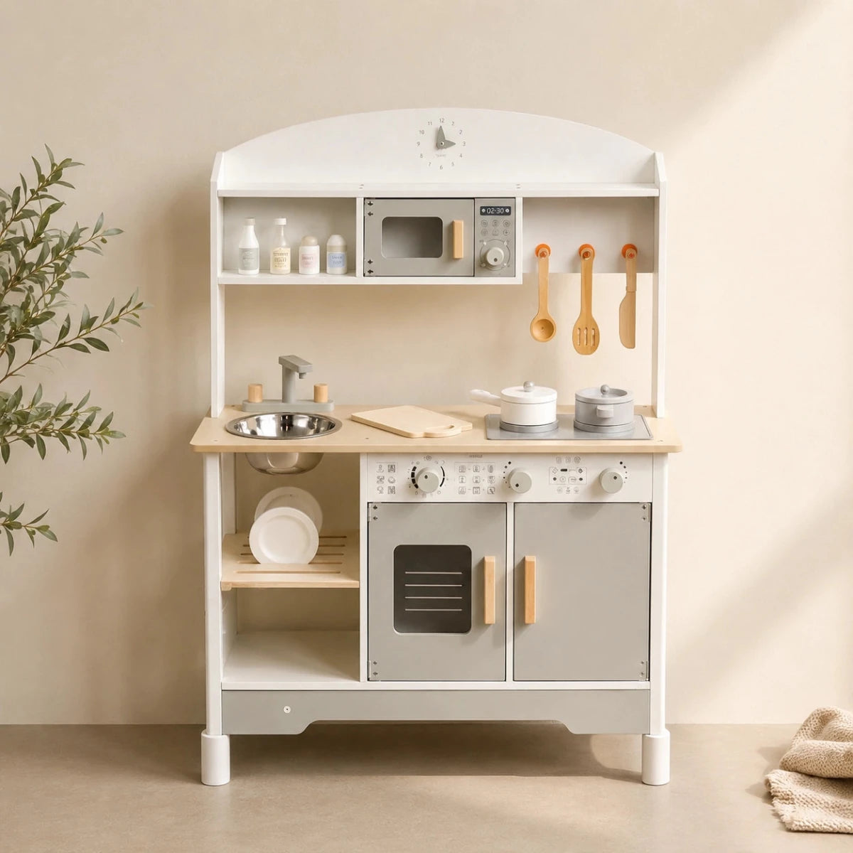 Houten Speelkeuken | Essentials | Speelkeukentje met 8 Accessoires & Verstelbare Pootjes - Baby Doo