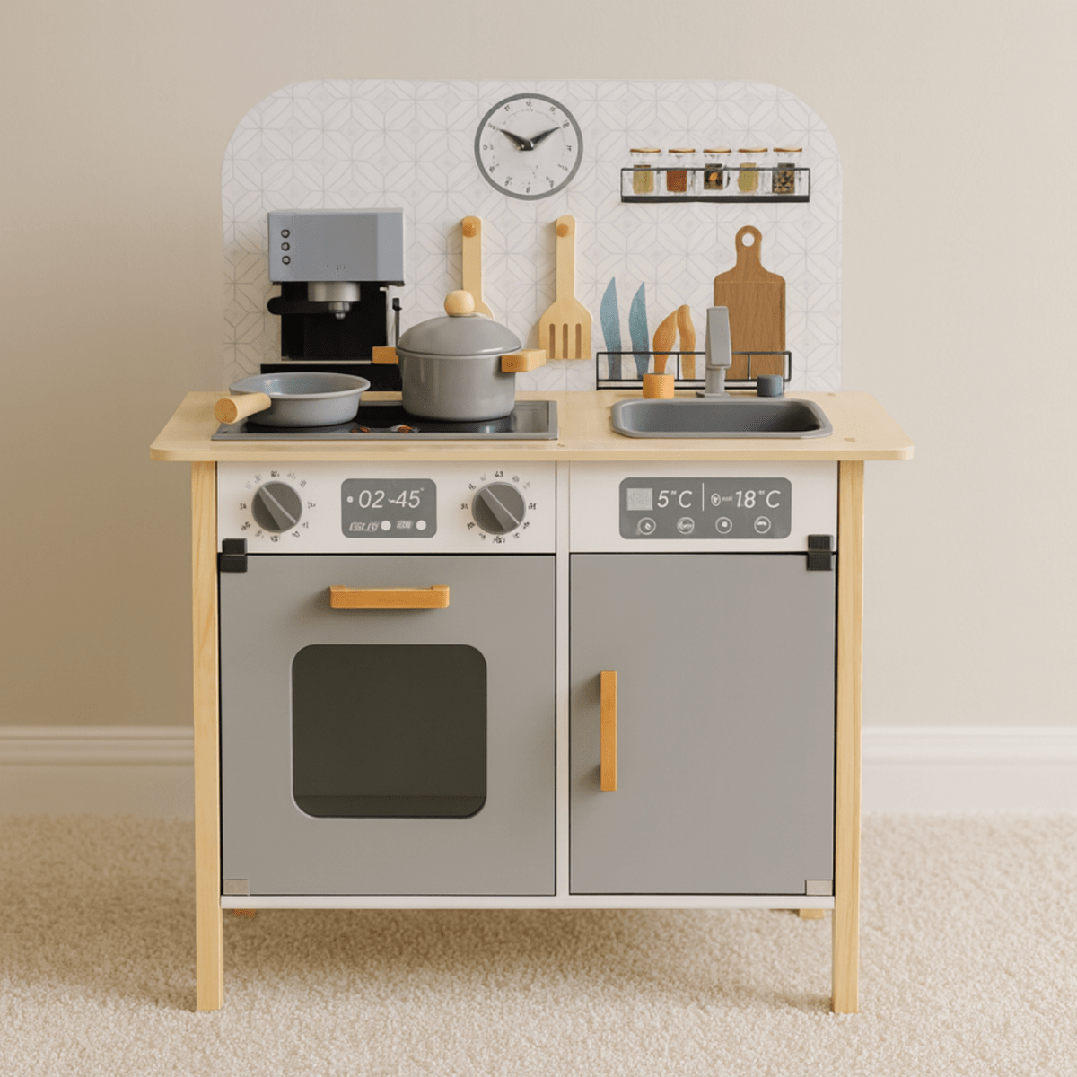 Houten Speelkeuken met Accessoires & Textielset | Met Realistisch Oplichtend Fornuis | Scandinavisch Design - Baby Doo