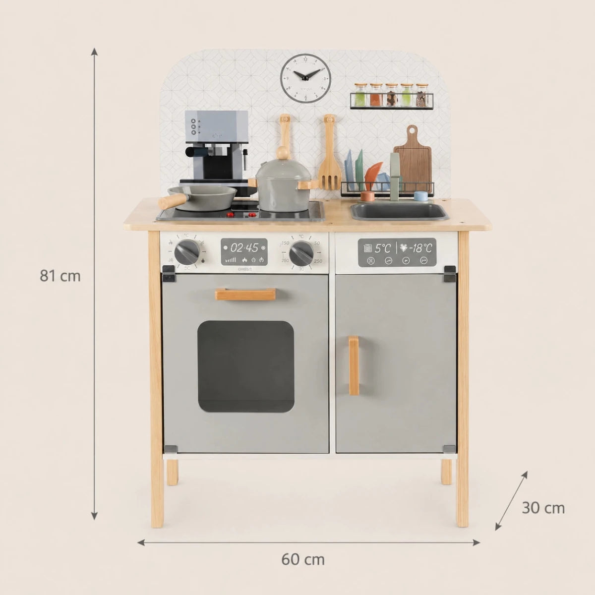 Houten Speelkeuken met Accessoires & Textielset | Met Realistisch Oplichtend Fornuis | Scandinavisch Design - Baby Doo