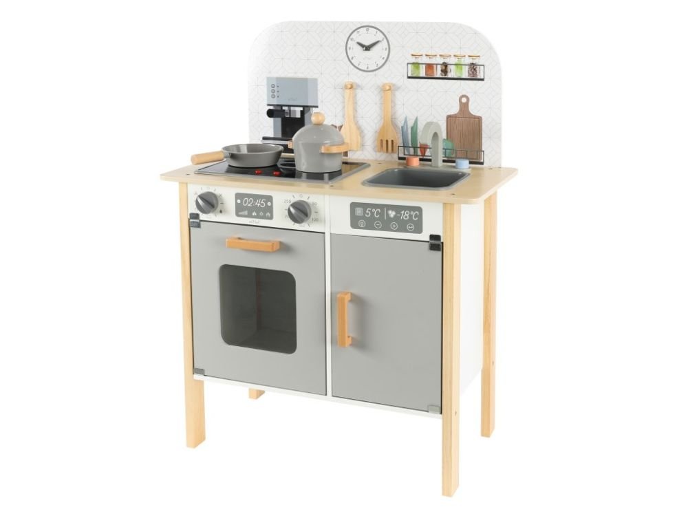 Houten Speelkeuken met Accessoires & Textielset | Met Realistisch Oplichtend Fornuis | Scandinavisch Design - Baby Doo