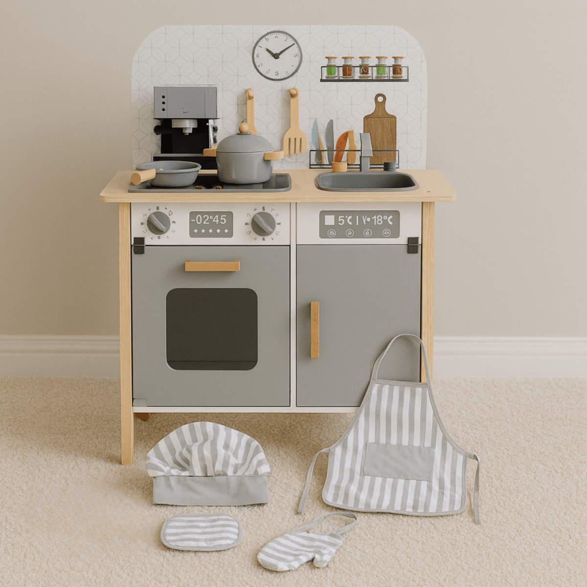 Houten Speelkeuken met Accessoires & Textielset | Met Realistisch Oplichtend Fornuis | Scandinavisch Design - Baby Doo