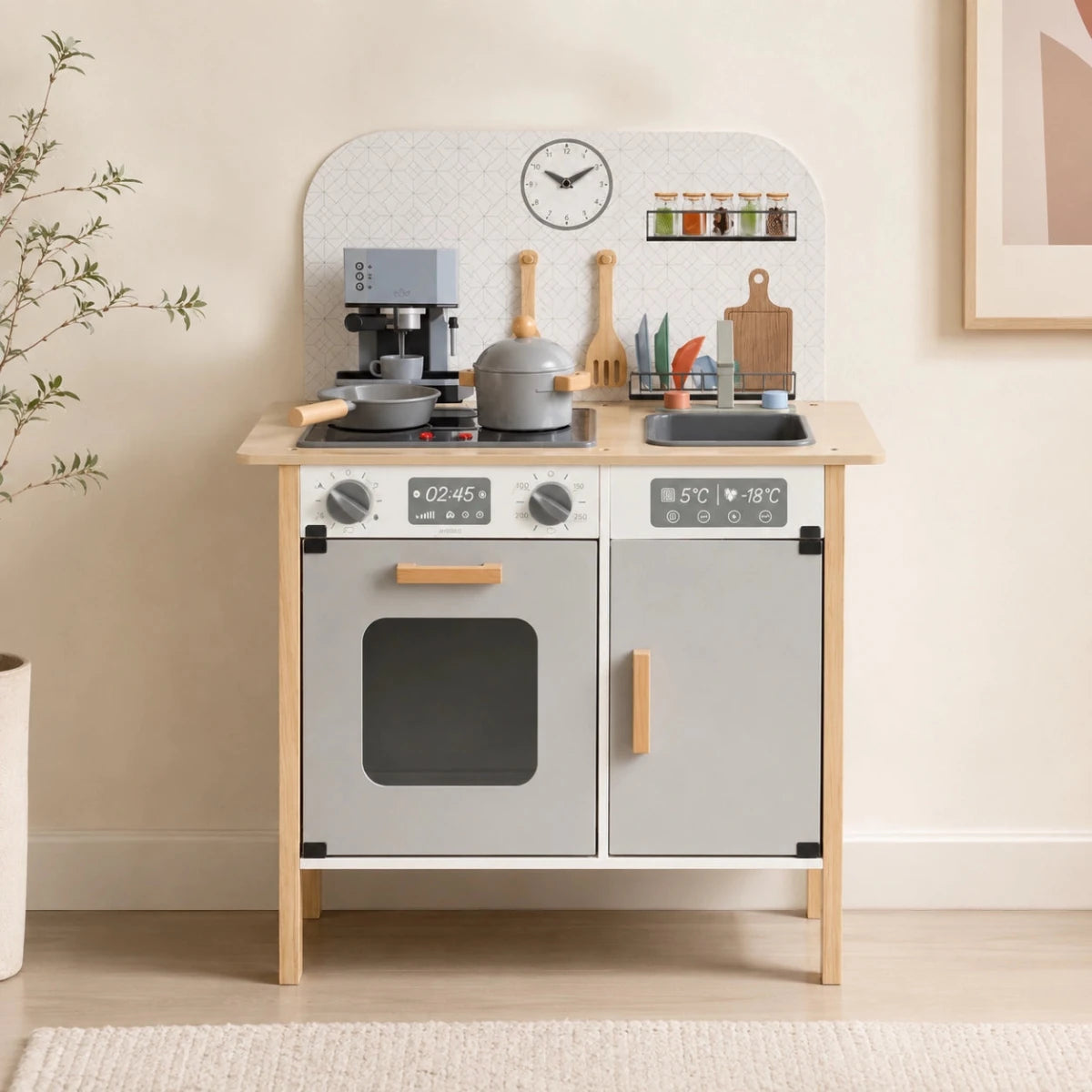 Houten Speelkeuken met Accessoires & Textielset | Met Realistisch Oplichtend Fornuis | Scandinavisch Design - Baby Doo