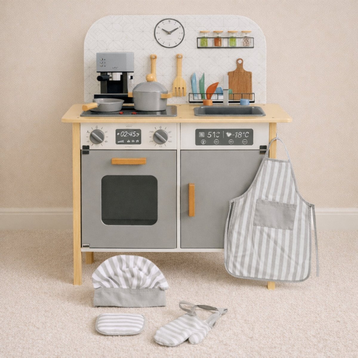 Houten Speelkeuken met Accessoires & Textielset | Met Realistisch Oplichtend Fornuis | Scandinavisch Design - Baby Doo