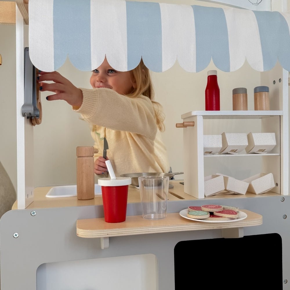 Houten Speelkraampje op Wielen | Speelkeuken & Winkeltje in 1 | Met Accessoires - Baby Doo