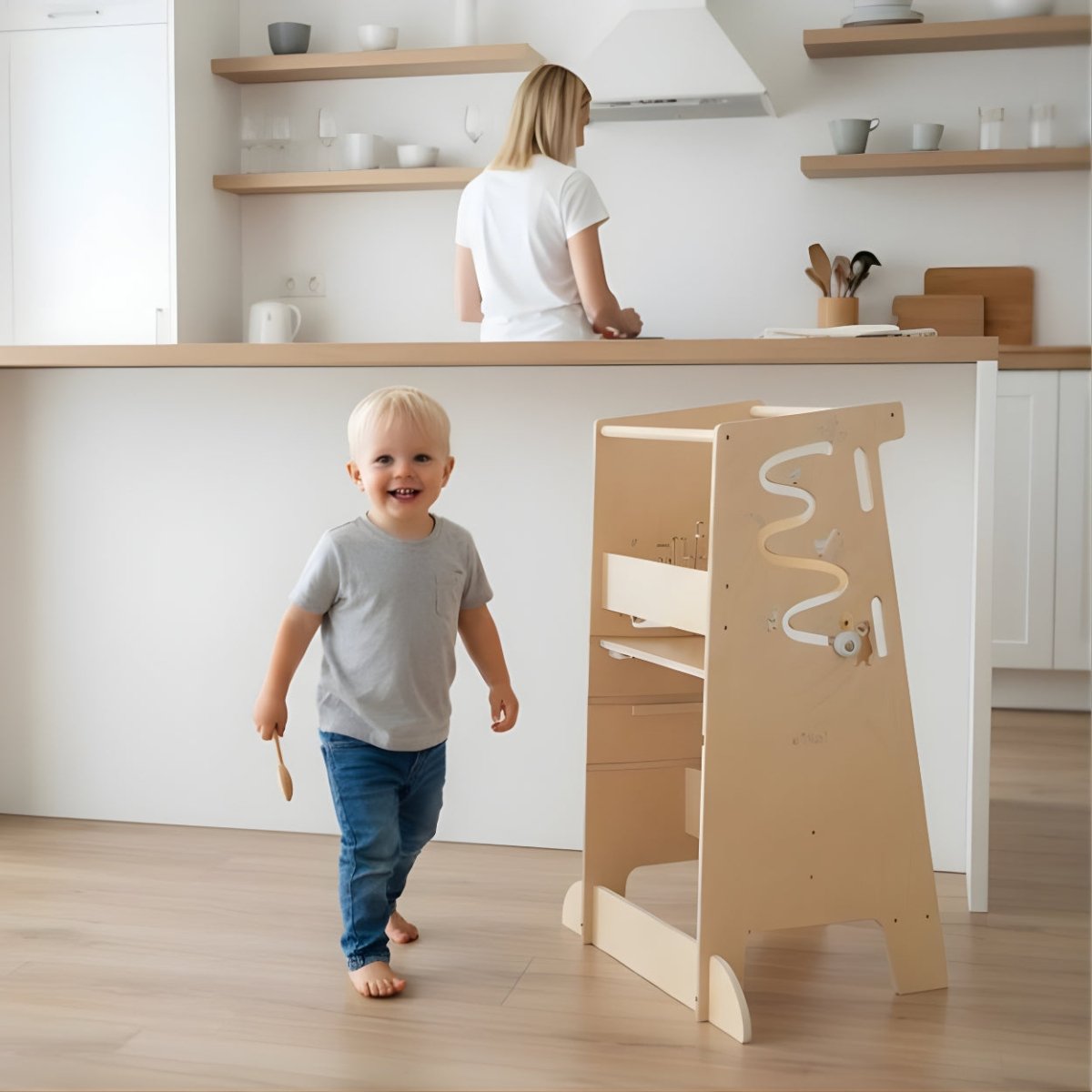 Houten Speeltoren met Activiteitenpaneel | Verstelbare Leertoren - Baby Doo