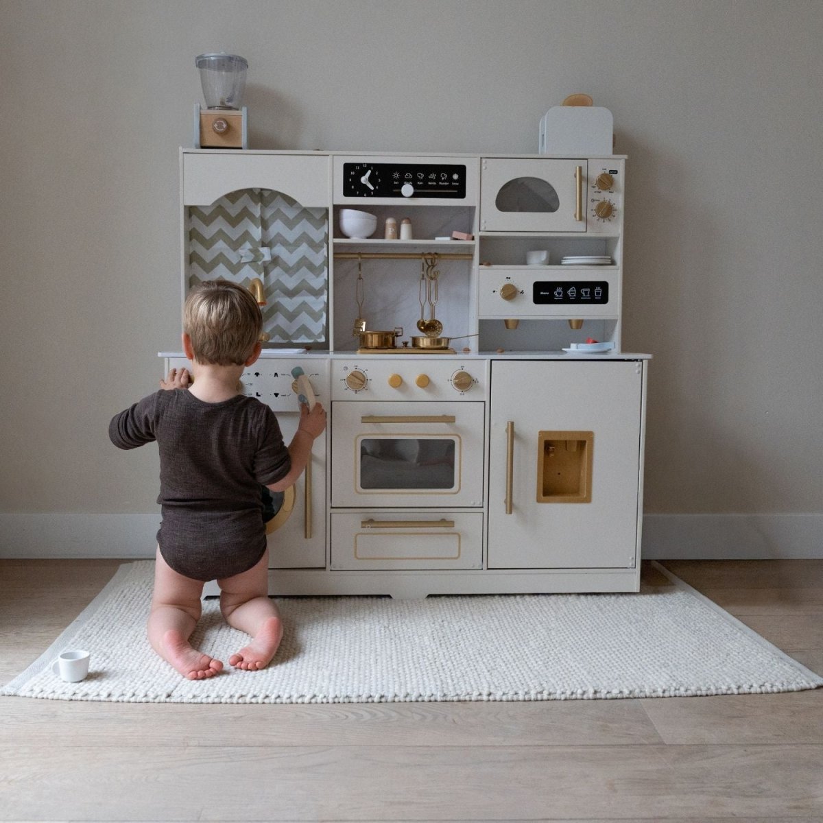 Luxe Houten Speelgoed Keuken met Licht, Geluid & Stoom | Kinderkeuken met Echte Effecten & Accessoires | Crème Goud | Vanaf 3 Jaar - Baby Doo