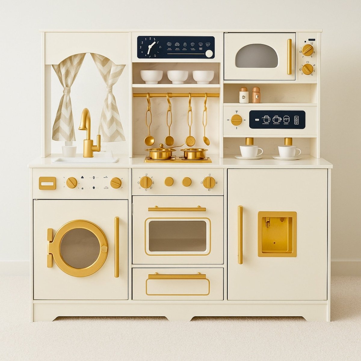 Luxe Houten Speelgoed Keuken met Licht, Geluid & Stoom | Kinderkeuken met Echte Effecten & Accessoires | Crème Goud | Vanaf 3 Jaar - Baby Doo