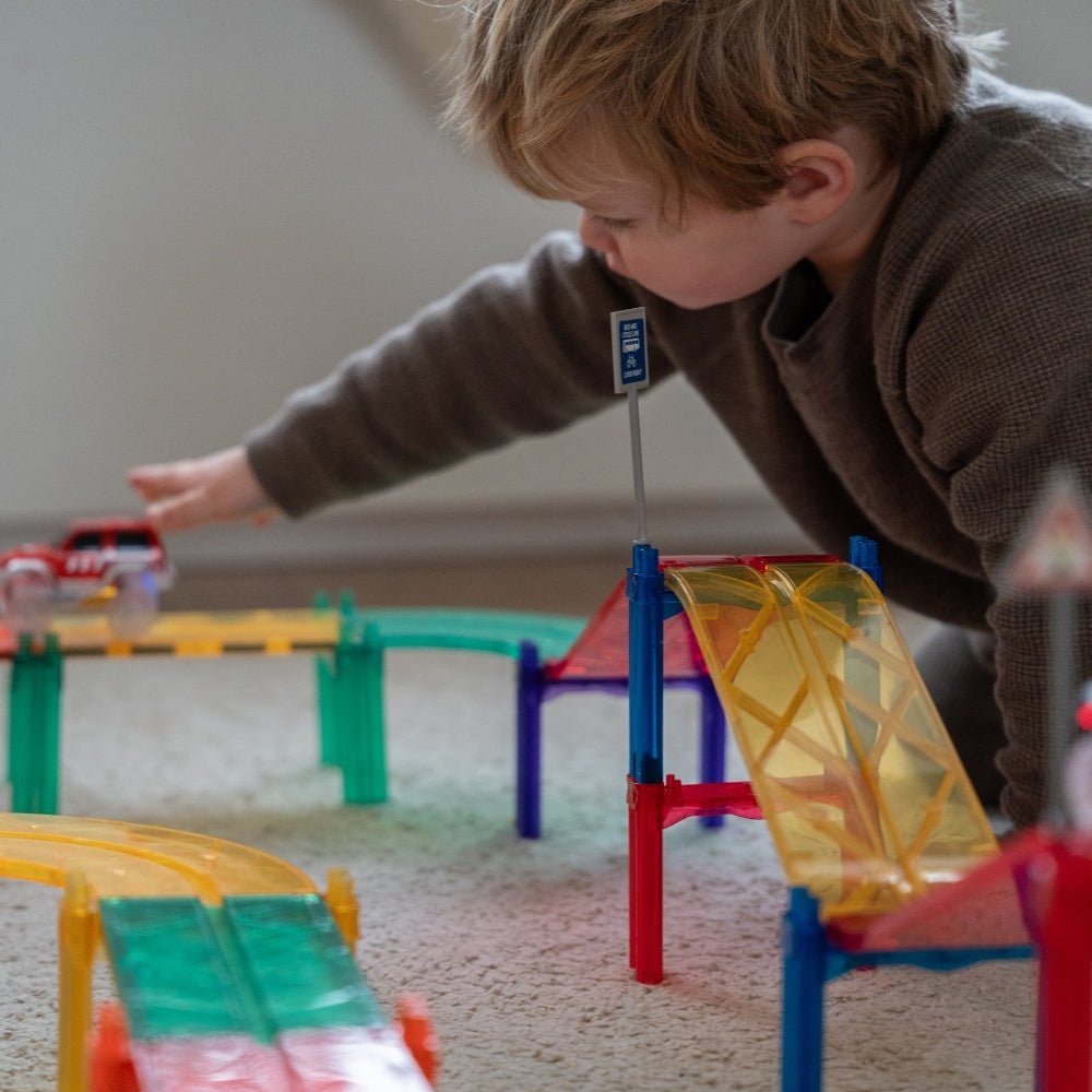 Magnetische Autobaan Bouwset 100 - delig | Magnetische Tegels met Bruggen & Verkeersborden | Magnetisch Speelgoed 3+ - Baby Doo