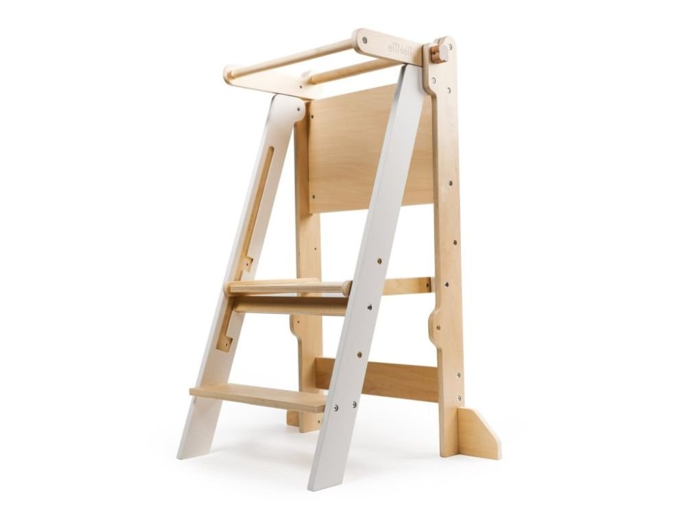 Opvouwbare Houten Leertoren 2 - in - 1 | Verstelbare Montessori Keukentoren | Wit - Baby Doo
