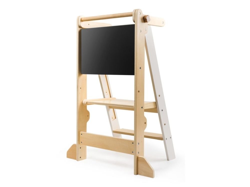 Opvouwbare Houten Leertoren 2 - in - 1 | Verstelbare Montessori Keukentoren | Wit - Baby Doo